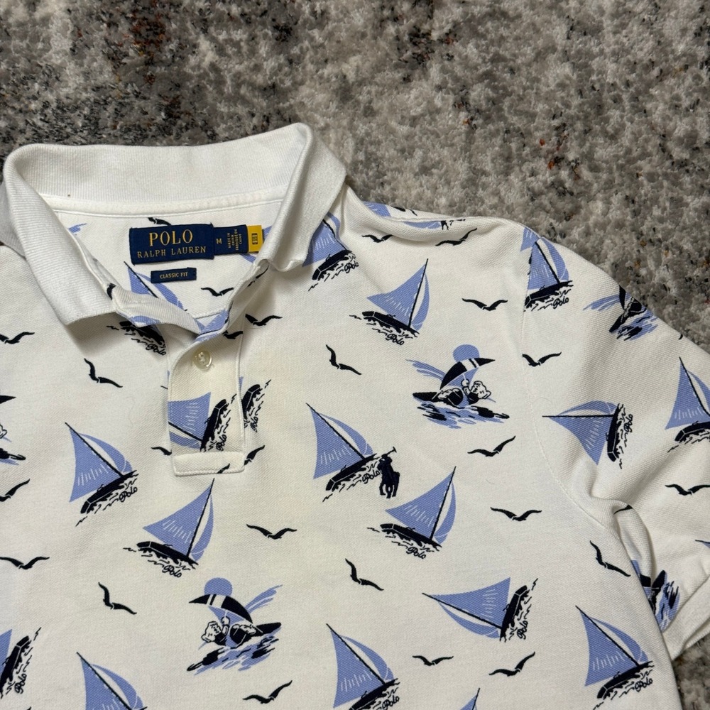 Polo Ralph Lauren Mens Sailboat Print‎ Polo Shirt White Blue Classic Fit Medium